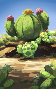 blue_sky cacnea cactus clear_sky closed_eyes colored_sclera commentary_request day flower gen_3_pokemon gen_5_pokemon highres horns maractus nintendo no_humans open_mouth outdoors pink_flower pokemon pokemon_(creature) pokemon_focus single_horn sky spikes yamaori_(hakkentai_pokedan) yellow_eyes yellow_flower yellow_sclera