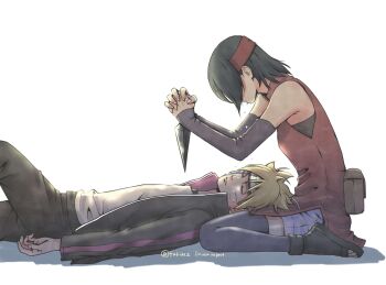 1boy 1girl black_arm_warmers black_hair black_headband black_jacket black_pants black_shoes black_thighhighs blonde_hair boruto:_naruto_next_generations closed_eyes commentary_request crying forehead_protector grey_shorts headband highres holding holding_kunai holding_weapon imminent_stabbing jacket kunai matsu_(fu6ide2) naruto_(series) open-toe_shoes pants pouch red_headband shirt shoes shorts sitting teardrop tears thighhighs twitter_username uchiha_sarada unconscious uzumaki_boruto wariza watermark weapon white_shirt