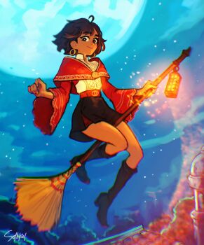 1girl black_boots black_eyes black_hair black_skirt boots broom broom_riding closed_mouth cloud commentary dark-skinned_female dark_skin earrings english_commentary floating_hair flying highres hoop_earrings jewelry looking_at_viewer moon night night_sky original sethkiel short_hair signature skirt sky smile solo wide_sleeves witch