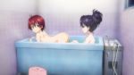 2girls ahoge alternate_hairstyle animated ass bath bathing bathtub blue_hair blush butt_crack hair_down hair_up highres isshiki_akane kuroki_rei multiple_girls nude purple_eyes red_eyes red_hair same-sex_bathing shared_bathing sound tattoo tile_wall tiles tub video vividred_operation yuri