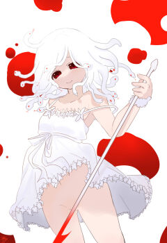 Rule 34 | 1girl, absurdres, armpits, bare shoulders, blood, blood splatter, blush, breasts, closed mouth, clothes lift, collarbone, commentary, convenient censoring, cowboy shot, dress, dress lift, frilled dress, frills, god nadeko, groin, harpoon, highres, holding, holding harpoon, holding weapon, koimonogatari, medium hair, monogatari (series), narrowed eyes, no panties, official alternate eye color, official alternate hair color, official alternate hairstyle, red eyes, ribbon, romaji commentary, scrunchie, sengoku nadeko, sleeveless, sleeveless dress, small breasts, smile, snake hair, solo, spaghetti strap, standing, strap slip, tsugumi (tgm 615486), weapon, white background, white hair, white ribbon, wind, wind lift, wrist scrunchie, yandere