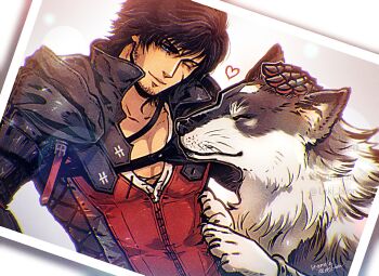 1boy beard_stubble black_cloak black_hair blue_eyes clive_rosfield cloak facial_hair facial_scar final_fantasy final_fantasy_xvi hair_between_eyes hand_on_another's_head highres leki_ixion male_focus metal_gloves one_eye_closed pectorals photo_(object) red_vest scar scar_on_cheek scar_on_face short_hair stubble torgal_(ff16) twitter_username upper_body vest wolf