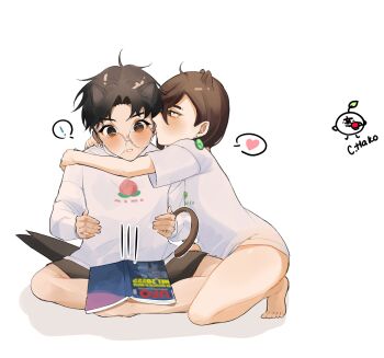 Rule 34 | 1boy, 1girl, absurdres, animal ears, ayase momo, bare legs, barefoot, black hair, black shorts, black tail, blush, book, breasts, brown eyes, brown hair, cat ears, cat girl, dandadan, dog boy, dog ears, dog tail, earrings, feet, glasses, hachi (chisano hako), highres, holding, holding book, jewelry, licking, long sleeves, shirt, short hair, shorts, t-shirt, tail, takakura ken (dandadan), toes, tongue, tongue out, white background, white shirt