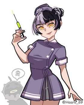 1girl alternate_costume alternate_hairstyle black_hair commentary dress english_commentary grey_hair haaro hair_bun hat highres holding holding_syringe hololive hololive_english looking_at_viewer multicolored_hair novelites_(shiori_novella) nurse nurse_cap purple_dress shiori_novella speech_bubble split-color_hair syringe two-tone_hair virtual_youtuber white_background yellow_eyes
