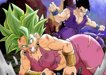 1boy 1girl absurdres after_fight ass black_eyes black_hair blood blue_eyes breasts cleavage dougi dragon_ball dragon_ball_super fighting_stance green_hair highres huge_ass kefla_(dragon_ball) large_breasts muscular muscular_female muscular_male nosebleed scratches son_gohan super_saiyan tagme thick_thighs thighs torn_clothes tournament_of_power ultimate_gohan