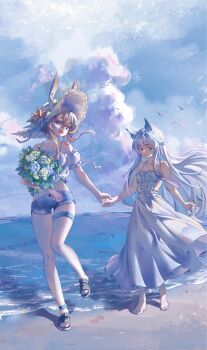 2girls absurdres amiya_(arknights) animal_ear_fluff animal_ears arknights bare_arms bare_shoulders barefoot beach bird blue_eyes blue_flower blue_ribbon blue_shorts blue_sky bouquet brown_hair camisole cat_ears cat_girl chinese_commentary cloud cloudy_sky collar collarbone commentary_request crop_top day detached_sleeves dress flower frilled_camisole frilled_sleeves frills full_body hat hat_flower highres holding holding_bouquet holding_flower holding_hands hundun_hdun large_hat long_hair looking_at_viewer micro_shorts multiple_girls ocean open_mouth parted_lips puffy_sleeves rabbit_ears rabbit_girl red_flower ribbon rosmontis_(arknights) sandals short_sleeves shorts sky sleeveless sleeveless_dress standing straw_hat thigh_strap white_camisole white_dress white_hair white_sleeves