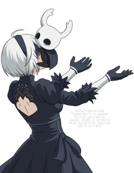 Rule 34 | 1girl, 1other, 2b (nier:automata), ahoge, artist name, back cutout, black cape, black dress, black gloves, black hairband, blindfold, cape, clothing cutout, commentary, cowboy shot, crossover, crying, dress, elbow gloves, english commentary, facing another, full body, gloves, hairband, hands up, head hug, highres, hollow knight, impossible clothes, impossible dress, knight (hollow knight), medium dress, medium hair, multicolored gloves, nail polish, nier:automata, nier (series), simple background, streaming tears, tears, turtleneck, turtleneck dress, twitter username, two-tone gloves, white background, white gloves, white hair, yuffie drawings