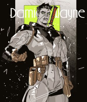 aged_up bat_signal batman batman_(series) batman_symbol belt black_hair bodysuit cape cowl damian_wayne dc_comics gloves green_eyes guoba7777 male_focus mask multicolored_bodysuit muscular short_hair simple_background superhero_costume two-tone_bodysuit utility_belt