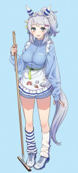 1girl animal_ears apron asymmetrical_legwear blue_jacket blue_shorts blush breasts commentary_request frilled_apron frills full_body grey_tail highres hishi_miracle_(umamusume) holding holding_mop horse_ears horse_girl horse_tail jacket jersey_maid large_breasts looking_at_viewer maid maid_headdress making-of_available medium_hair mismatched_legwear mop nabe_puyo open_mouth ponytail short_shorts shorts simple_background smile socks solo standing tail turtleneck turtleneck_jacket umamusume unconventional_maid waist_apron white_apron white_headdress white_socks
