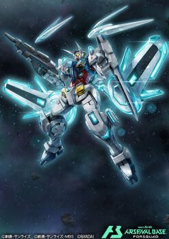 Rule 34 | card (medium), commentary request, company name, copyright logo, copyright name, copyright notice, g-self, g-self perfect pack, gundam, gundam arsenal base, gundam g no reconguista, holding, holding weapon, logo, mecha, mecha focus, mobile suit, no humans, official art, robot, science fiction, solo, tomo (machinemess), v-fin, weapon, yellow eyes