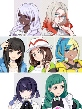 6+girls 7dango7 absurdres alternate_hairstyle apron bandeau black_dress black_hair black_sleeves blonde_hair blue_gloves blue_hair blue_jacket blush bow bowtie braid breasts brooch brown_eyes brown_hair canari_(pokemon) choker clenched_teeth coat collared_shirt commentary_request dark-skinned_female dark_skin dress glasses gloves gradient_hair green_hair green_jacket grey_eyes grey_hair grin griselle_(pokemon) gwynn_(pokemon) harmony_(pokemon) hat highres hood hooded_jacket jacinthe_(pokemon) jacket jewelry lebanne_(pokemon) lida_(pokemon) long_hair long_sleeves looking_at_viewer looking_to_the_side medium_breasts medium_hair multicolored_hair multiple_girls nintendo open_mouth orange_hair pokemon pokemon_legends:_z-a ponytail purple_eyes purple_hair purple_jacket shirt short_hair short_twintails small_breasts smile split-color_hair swept_bangs teeth twin_braids twintails white-framed_eyewear white_apron white_coat white_gloves white_hat white_shirt yellow_bandeau yellow_jacket