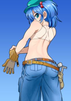 1girl ass back belt blue_background blue_eyes blue_hair blush denim female_focus from_behind glove_pull gloves hair_bobbles hair_ornament hammer hat highres iromeki_overdrive jeans kawashiro_nitori matching_hair/eyes over_shoulder pants pouch short_hair simple_background solo spine tank_top tools touhou twintails two_side_up