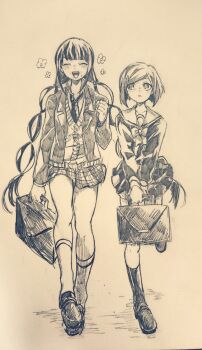 2girls blush bow briefcase chabashira_tenko closed_eyes closed_mouth collared_shirt commentary_request danganronpa_(series) danganronpa_v3:_killing_harmony eyelashes full_body greyscale hair_ornament hairclip highres holding holding_briefcase jacket kneehighs long_hair long_sleeves mole mole_under_mouth monochrome multiple_girls necktie omochiko open_clothes open_jacket open_mouth sailor_collar school_uniform serafuku shirt shoes short_hair skirt smile socks teeth traditional_media twintails upper_teeth_only very_long_hair vest walking yumeno_himiko