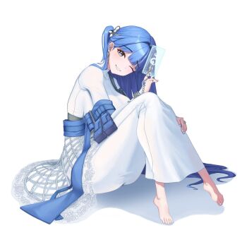 1girl arcana_(nikke) barefoot blue_eyes blue_hair blush breasts card dress ear_piercing earrings goddess_of_victory:_nikke grey_eyes hair_intakes hair_ornament highres jewelry large_breasts long_hair long_sleeves looking_at_viewer nightgown one_eye_closed one_side_up open_mouth piercing silver_nails simple_background smile solo tarot tarot_card teeth tight_clothes tight_dress turtleneck turtleneck_dress very_long_hair white_background white_dress white_nightgown wonfle10 zipper_dress