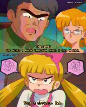 1990s_(style) 1boy 2girls animification big_bob_pataki bow brenni_murasaki clip_studio_paint_(medium) commentary dress english_commentary glasses helga_g_pataki hey_arnold! highres long_hair looking_at_viewer miriam_pataki multiple_girls open_mouth retro_artstyle scene_reference shirt