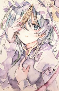 Rule 34 | 1girl, absurdres, asymmetrical hair, commentary, epaulettes, frilled hat, frills, green eyes, green hair, hat, highres, holding, juliet sleeves, kamu kotan, long sleeves, looking at viewer, puffy sleeves, rod of remorse, shiki eiki, solo, touhou, traditional media, vest