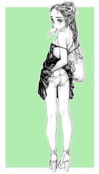 1girl ass bag clothes_lift dress dress_lift fellatio flat_ass food food_in_mouth from_behind full_body greyscale_with_colored_background high_heel_sandals loli long_hair looking_at_viewer looking_back mihoto_kouji my_melody oral original ponytail popsicle popsicle_in_mouth ribs sandals sanrio sexually_suggestive shoulder_bag simulated_fellatio skinny slim_legs solo suggestive_fluid tote_bag traditional_media