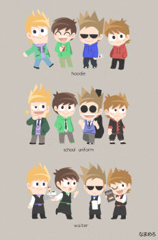 Rule 34 | 4boys, :d, :o, ^ ^, alcohol, alternate costume, antenna hair, artist name, bandage on cheek, black jacket, black pants, black shoes, black vest, blue bow, blue bowtie, blue hoodie, blue pants, blue sweater vest, blush stickers, bottle, bow, bowtie, brown background, brown hair, brown pants, can, checkered shoes, chibi, chibi only, closed eyes, cola, commentary request, drawstring, drink can, edd (eddsworld), eddsworld, english text, flipped hair, formal clothes, frown, full body, green bow, green bowtie, green hoodie, green jacket, green shoes, grey eyes, grey pants, hair behind ear, hair ears, hand on own chin, hands in pockets, holding, holding bottle, holding can, holding menu, holding tray, hollow eyes, hood, hood down, hoodie, instrument case, instrument case on back, jacket, jitome, lapels, long sleeves, looking at viewer, male focus, matt (eddsworld), menu, multiple boys, necktie, no lineart, one eye closed, open clothes, open hoodie, open jacket, open mouth, orange hair, pants, plain epaulettes, purple bow, purple bowtie, purple hoodie, purple sweater vest, red bow, red bowtie, red hoodie, sasamin (namanero), school uniform, shirt, shoes, short hair, simple background, smile, sparkle, spiked hair, standing, standing on one leg, striped clothes, striped necktie, sweater vest, swept bangs, tom (eddsworld), toon (style), tord (eddsworld), tray, uneven eyes, vest, vodka, waiter, white shirt