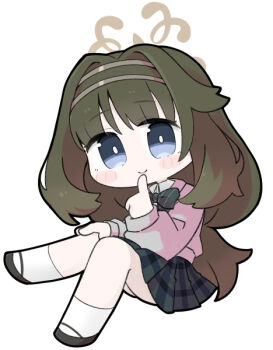 1girl black_shoes blue_archive blue_eyes blush_stickers cardigan chibi closed_mouth collared_shirt finger_to_mouth full_body green_hair grey_cardigan grey_skirt hair_intakes halo hand_up knees_together_feet_apart long_hair long_sleeves looking_at_viewer miranofuudoria plaid_clothes plaid_skirt pleated_skirt puffy_long_sleeves puffy_sleeves school_uniform shirt shoes simple_background skirt smile socks solo tsumugi_(blue_archive) very_long_hair white_background white_shirt white_socks