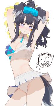 1girl absurdres animal_ears armpits binware black_hair blue_archive blue_skirt blush breasts bright_pupils character_name closed_mouth collar commentary detached_collar dog_ears dog_girl dog_tail doodle_sensei_(blue_archive) eyewear_on_head hibiki_(blue_archive) highres holding holding_pom_poms looking_at_viewer millennium_cheerleader_outfit_(blue_archive) miniskirt panties pom_pom_(cheerleading) pom_poms purple_eyes sensei_(blue_archive) skirt smile solo tail two-tone_skirt underwear white_collar white_panties white_pupils white_skirt