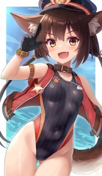 1girl :d absurdres animal_ears black_gloves black_one-piece_swimsuit blush brown_collar brown_eyes brown_hair collar collarbone covered_navel fang gloves hand_up highres jacket kazuneko_(wktk1024) long_hair monster_musume_td one-piece_swimsuit open_clothes open_jacket open_mouth red_jacket sheriff_badge sleeveless sleeveless_jacket smile solo standing swimsuit tail teruru_(monmusu_td) tongue whistle