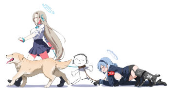 1boy 2girls ^_^ absurdres ako_(blue_archive) all_fours animal_collar armband asuna_(blue_archive) black_gloves blonde_hair blue_archive blue_bow blue_bowtie blue_hair blue_halo blue_ribbon blue_scrunchie blue_skirt blush_stickers bow bowtie breasts closed_eyes collar commentary_request csham dog doodle_sensei_(blue_archive) from_side frown garter_straps gloves hair_ribbon hairband halo high_heels highres holding holding_leash kneeling large_breasts leash loafers long_hair long_sleeves multiple_girls open_mouth parted_lips pet pet_play pleated_skirt profile red_armband ribbon scrunchie sensei_(blue_archive) shirt shirt_tucked_in shoes short_sleeves sideboob simple_background skirt sleeves_rolled_up smile submission thighs walking wavy_mouth white_background white_shirt wrist_scrunchie