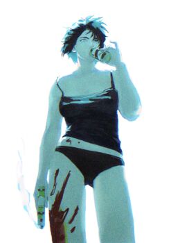 1girl absurdres aizheajsee black_hair blood blood_on_leg blue_eyes blue_theme can cropped_legs drink_can drinking ghost_in_the_shell gun handgun highres holding holding_can holding_gun holding_weapon kusanagi_motoko looking_at_viewer medium_hair panties underwear upper_body weapon white_background