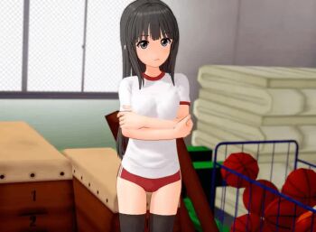 1boy 1girl 3d :o animated ass ball basketball_(object) bent_over black_eyes black_hair black_thighhighs blush breasts buruma buruma_pull clothes_pull gym_storeroom gym_uniform heart heart_print hetero indoors jacket koikatsu_(medium) loli long_hair looking_back minazuki_manami original panties panty_pull pink_panties red_buruma shirt sidelocks small_breasts solo_focus tagme thigh_gap thighhighs track_jacket underwear undressing undressing_another vaulting_horse video white_shirt
