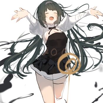 1girl absurdres astra_yao astra_yao_(chandelier) black_dress black_hair black_hairband black_ribbon closed_eyes cowboy_shot dress hairband highres holding holding_microphone_stand jewelry katata long_hair microphone_stand necklace official_alternate_costume open_mouth pearl_necklace ribbon smile solo thigh_beads uneven_bangs zenless_zone_zero