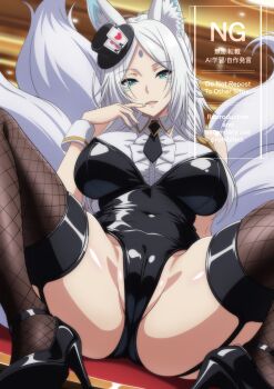 1girl animal_ear_fluff animal_ears aqua_eyes black_leotard black_necktie black_shoes breasts brown_thighhighs covered_navel facial_mark finger_to_mouth fishnet_thighhighs fishnets forehead_mark fox_ears fox_girl fox_tail garter_belt hat high_heels highres kage_no_jitsuryokusha_ni_naritakute! kitsune kyuubi large_breasts leotard long_hair looking_at_viewer makiri_akira mini_hat mini_top_hat multiple_tails necktie open_mouth partially_visible_vulva playboy_bunny shirt shoes sitting smile solo spread_legs stiletto_heels tail thighhighs top_hat white_hair white_shirt white_wrist_cuffs wrist_cuffs yukime_(kage_no_jitsuryokusha_ni_naritakute!)
