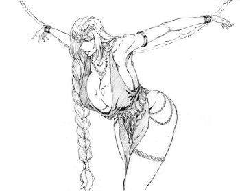 1girl armband black_dress bound bound_wrists bracelet braid braided_ponytail breasts circlet cleavage collarbone dress elden_ring graphite_(medium) greyscale hair_over_one_eye headband jewelry large_breasts long_hair monochrome necklace open_mouth plunging_neckline queen_marika_the_eternal rakusakugk sideboob simple_background sketch solo thigh_strap thighs traditional_media very_long_hair white_background