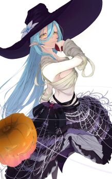 Rule 34 | 1girl, bandaged arm, bandages, black skirt, blue hair, breasts, budget sarashi, closed mouth, commentary request, double-parted bangs, edge ill, flower, from side, hair between eyes, halloween, hand up, hat, hat flower, highres, holding, hololive, jack-o'-lantern, large breasts, large hat, long hair, looking at viewer, multicolored hair, pointy ears, pumpkin, purple hat, sarashi, silk, simple background, skirt, solo, spider web, streaked hair, virtual youtuber, white background, witch hat, yellow eyes, yukihana lamy