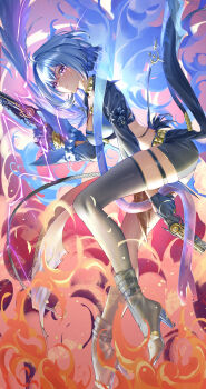 1girl absurdres black_boots black_gloves black_jacket black_pantyhose black_shorts black_thighhighs blake_bloom_(wuthering_waves) blue_bra boots bra breasts closed_mouth commentary cropped_jacket dual_wielding fire from_side full_body galbrena_(wuthering_waves) gloves gold_choker grey_hair gun high_heel_boots high_heels highres hitpig holding holding_gun holding_weapon jacket looking_at_viewer looking_to_the_side medium_breasts medium_hair pantyhose purple_eyes shorts single_leg_pantyhose single_thighhigh solo thigh_strap thighhighs underwear weapon wuthering_waves