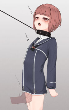 1girl arms_behind_back bdsm black_dress black_neckerchief black_sailor_collar bondage bound breasts brown_eyes brown_hair collar commission cuffs dress handcuffs highres kantai_collection large_variant_set leash neckerchief pixiv_commission red_hair sailor_collar sailor_dress short_hair simple_background small_breasts solo tsuzuri_(tu-san_house) variant_set z3_max_schultz_(kancolle)