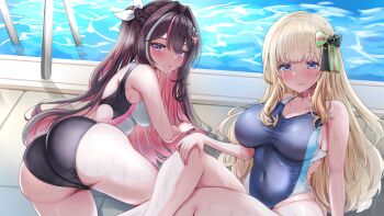 0806ohji 2girls :o absurdres aki_rosenthal ass azki_(hololive) black_hair blue_eyes blue_one-piece_swimsuit blush braid breasts brown_hair cleavage closed_mouth competition_swimsuit hair_ribbon highres hololive large_breasts long_hair looking_at_viewer multicolored_hair multicolored_swimsuit multiple_girls one-piece_swimsuit open_mouth pool pool_ladder poolside purple_eyes purple_hair ribbon sideboob sidelocks smile streaked_hair swimsuit thighs virtual_youtuber wet white_hair