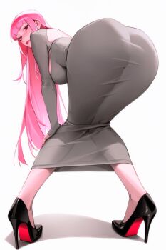 1girl ass back_cutout breasts cleavage_cutout clothing_cutout commentary dress from_behind grey_dress high_heels highres hololive hololive_english knees_together_feet_apart large_breasts long_hair long_sleeves milioppe mori_calliope pink_hair red_eyes solo taut_clothes taut_dress virtual_youtuber