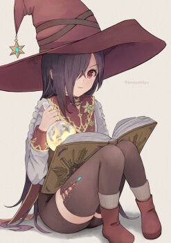 1girl amayomiyu black_hair black_shorts black_thighhighs book boots closed_mouth commentary_request flask full_body hair_over_one_eye hand_up hat hat_ornament heaven_burns_red holding holding_flask jacket knees_together_feet_apart knees_up long_hair long_sleeves one_eye_covered open_book reading red_boots red_eyes red_hat round-bottom_flask shorts simple_background sitting solo star_(symbol) star_hat_ornament straight_hair tenne_miko thighhighs twitter_username v-shaped_eyebrows very_long_hair white_background white_jacket witch witch_hat zettai_ryouiki