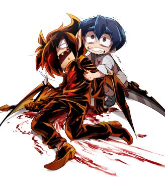 2boys ahoge black_(black_channel) black_channel blood blood_from_forehead blood_in_hair blood_on_clothes blood_on_face blood_on_ground blood_on_hands blue_hair blue_shoes broken_arm brown_eyes clenched_teeth closed_eyes commentary_request crying crying_with_eyes_open deep_wound demon_tail demon_wings facing_another guro hair_between_eyes hair_over_one_eye injury leaning_on_person looking_ahead male_focus multiple_boys on_ground open_mouth orange_hair orange_pants orange_shirt pants pointy_ears pool_of_blood satoshi_(black_channel) sharp_teeth shirt shoes suno_(imydream) tail tearing_up tears teeth torn_wings trembling white_shirt wide-eyed wings