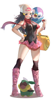 1girl beanie black_hair black_socks blue_eyes boots breasts commentary_request covered_navel dawn_(pokemon) gen_4_pokemon gluteal_fold grin hat highres holding holding_poke_ball kneehighs long_hair miniskirt momdy_(talesshinja) nintendo on_shoulder pink_boots piplup poke_ball poke_ball_(basic) pokemon pokemon_(creature) pokemon_dppt pokemon_on_shoulder red_scarf scarf skirt small_breasts smile socks tachi-e thighs white_hat