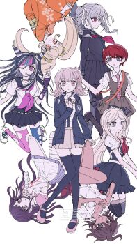 6+girls blonde_hair blush bow breasts brown_hair cat_hair_ornament collared_shirt danganronpa_(series) danganronpa_2:_goodbye_despair dark-skinned_female dark_skin flipped_hair grey_hair hair_bow hair_ornament highres jacket japanese_clothes kimono koizumi_mahiru long_hair long_sleeves looking_at_viewer medium_hair mioda_ibuki mmr_0x multiple_girls nanami_chiaki neck_ribbon open_clothes open_jacket open_mouth orange_kimono owari_akane pekoyama_peko pink_eyes pink_ribbon pleated_skirt red_hair ribbon saionji_hiyoko shirt short_hair simple_background skirt smile teeth thighhighs tsumiki_mikan twintails white_shirt