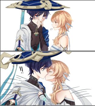 ! !! 1boy 1girl armor assertive_female black_bodysuit black_bridal_gauntlets black_gloves blonde_hair blue_cape blue_feathers blue_hat blue_kimono blue_sleeves blue_trim blunt_ends blush bodysuit breasts bridal_gauntlets bright_pupils cape commentary couple covered_collarbone covering_own_mouth detached_sleeves dress eyeliner facing_another feather_hair_ornament feathers fingernails genshin_impact gloves gold gold_ring hair_ornament hand_blush hand_over_own_mouth hands_up hat hetero highres japanese_armor japanese_clothes jingasa juban kimono kiss kote kurokote layered_sleeves looking_at_another lower_teeth_only lumine_(genshin_impact) makeup mandarin_collar medium_breasts middle_ring motion_lines open_clothes open_kimono open_mouth partially_fingerless_gloves puff_of_air pulling purple_eyes purple_hair red_eyeliner scaramouche_(genshin_impact) scarf sequential short_hair short_hair_with_long_locks short_sleeves shoulder_peek sidelocks single_bare_shoulder split_screen surprise_kiss surprised symbol-only_commentary teeth upper_teeth_only vambraces wanderer_(genshin_impact) white_background white_dress white_kimono white_pupils white_scarf white_sleeves white_trim wide-eyed yellow_eyes yerenican