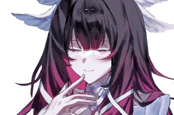 1girl closed_eyes columbina_(genshin_impact) commentary eye_mask feathered_wings fish_(xpzas) genshin_impact hair_ornament head_wings highres mask multicolored_hair multiple_wings solo symbol-only_commentary upper_body white_mask white_wings wing_hair_ornament wings x-shaped_eyewear