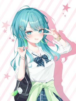 1girl @_@ absurdres aoi_sonata aqua_eyes aqua_hair bag blue_bow blue_bowtie blue_skirt bow bowtie candy clothes_around_waist collared_shirt commentary commission food gradient_eyes green_hair green_jacket hair_ornament highres holding holding_candy holding_food holding_lollipop indie_virtual_youtuber jacket jacket_around_waist light_blush lollipop long_hair looking_at_viewer multicolored_eyes multicolored_hair open_mouth plaid_clothes plaid_skirt sakuragi_kohaku school_bag school_uniform scrunchie second-party_source shirt short_sleeves simple_background skeb_commission skirt solo streaked_hair striped_bow striped_bowtie striped_clothes sweatdrop upper_body v virtual_youtuber white_background white_shirt wrist_scrunchie