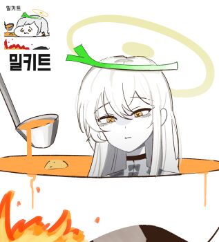 1girl black_choker blue_archive boiling burning choker colored_skin cooking_pot cross-shaped_pupils dress fire food food_on_head gulyas hair_between_eyes halo highres ladle long_hair malkuth_(blue_archive) object_on_head orange_eyes pixel_art potato reference_inset scene_reference single_sidelock soup spring_onion symbol-shaped_pupils white_dress white_hair white_skin yellow_halo