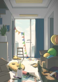 air_pump animal apartment balloon birthday box bunting cardboard_box cat curtains guding_nut highres indoors letter_balloon no_humans omniscient_reader's_viewpoint open_box plant potted_plant scenery stool sunrise table window_light