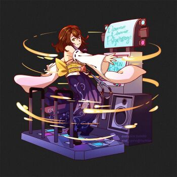 1girl artist_name bemani brown_hair dance_dance_revolution dancing final_fantasy final_fantasy_x green_eyes japanese_clothes long_skirt looking_at_viewer short_hair skirt smile square_enix yuna yuna_(ff10)