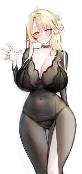 1girl absurdres ahoge arm_behind_back black_bra black_choker black_dress black_panties blonde_hair blue_eyes blue_ribbon blush bra braid breasts choker cleavage collarbone commentary commentary_request cowboy_shot crotchless crotchless_panties cupless_bra dress elf english_commentary geonjeonji gluteal_fold grin hair_between_eyes hair_ribbon half-closed_eyes hand_up highres huge_breasts korean_commentary lace lace_bra lace_panties lingerie long_pointy_ears long_sleeves looking_at_viewer mixed-language_commentary navel open_hand original panties parted_lips pointy_ears ribbon see-through_clothes see-through_dress side_braid side_slit sidelocks simple_background smile solo standing thigh_gap underwear white_background