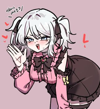 1girl :d black_bow black_ribbon black_skirt blue_eyes bow breasts center_frills faust_(project_moon) frills grey_hair hair_ribbon heart highres jirai_kei korean_commentary korean_text limbus_company long_sleeves looking_at_viewer open_mouth pink_background pink_shirt pota project_moon ribbon shirt simple_background skirt smile solo translated two_side_up