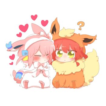 2girls ? animal_hood blush bocchi_the_rock! chibi chibi_only closed_eyes commentary_request cosplay cube_hair_ornament flareon flareon_(cosplay) gen_1_pokemon gen_6_pokemon gotoh_hitori hair_ornament heart hood hood_up kita_ikuyo multiple_girls nervous nintendo one_side_up pink_hair pokemon rebecca_(keinelove) red_hair sitting sweat sylveon sylveon_(cosplay) trembling yellow_eyes yuri