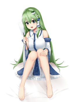 1girl barefoot blue_skirt breasts commentary detached_sleeves doge_(jkdoge) frilled_skirt frills frog_hair_ornament gohei green_eyes green_hair hair_ornament hair_tubes highres holding holding_gohei kochiya_sanae large_breasts long_hair looking_at_viewer open_mouth single_hair_tube skirt smile snake_hair_ornament solo toes touhou variant_set very_long_hair